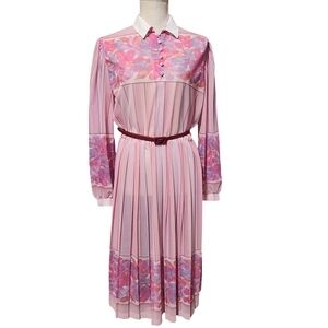 Vintage 80s THE JONES GIRL Floral Long Sleeve Dress Size 14 Pink Belted Pleated